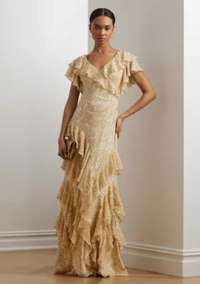 Floral Ruffle Trim Georgette Gown