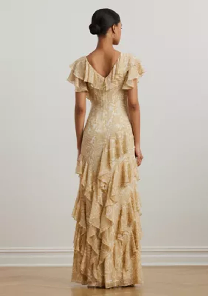 Floral Ruffle Trim Georgette Gown
