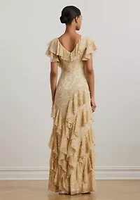 Floral Ruffle Trim Georgette Gown