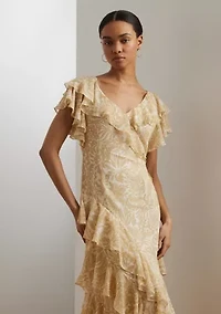 Floral Ruffle Trim Georgette Gown