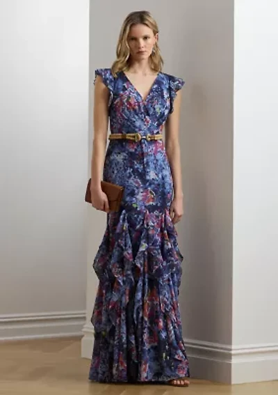 Women's Print Ruffle Trim Crinkle Georgette Gown
