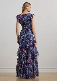 Women's Print Ruffle Trim Crinkle Georgette Gown