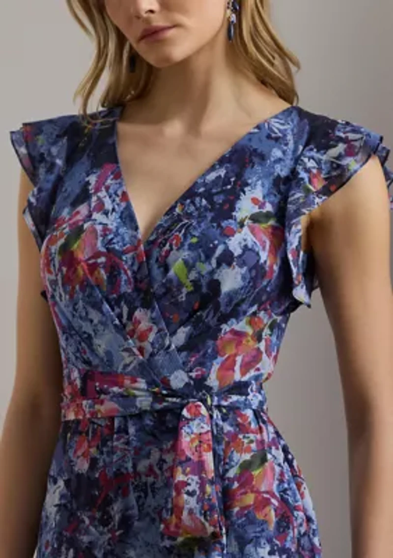 Women's Print Ruffle Trim Crinkle Georgette Gown