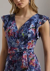 Women's Print Ruffle Trim Crinkle Georgette Gown