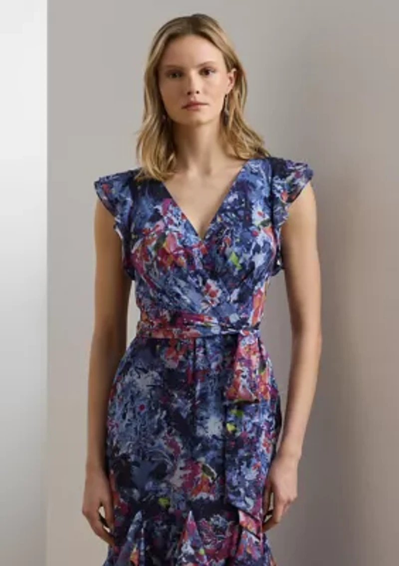 Women's Print Ruffle Trim Crinkle Georgette Gown