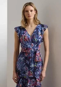 Women's Print Ruffle Trim Crinkle Georgette Gown