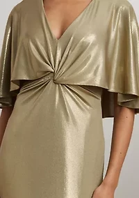 Metallic Jersey Twist Front Cape Gown