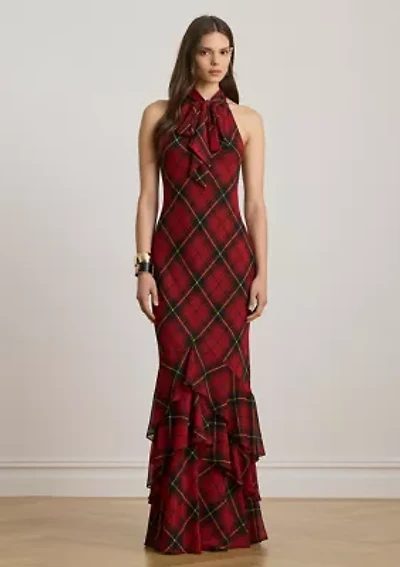 Women's Plaid Georgette Tiered Tie-Neck Gown