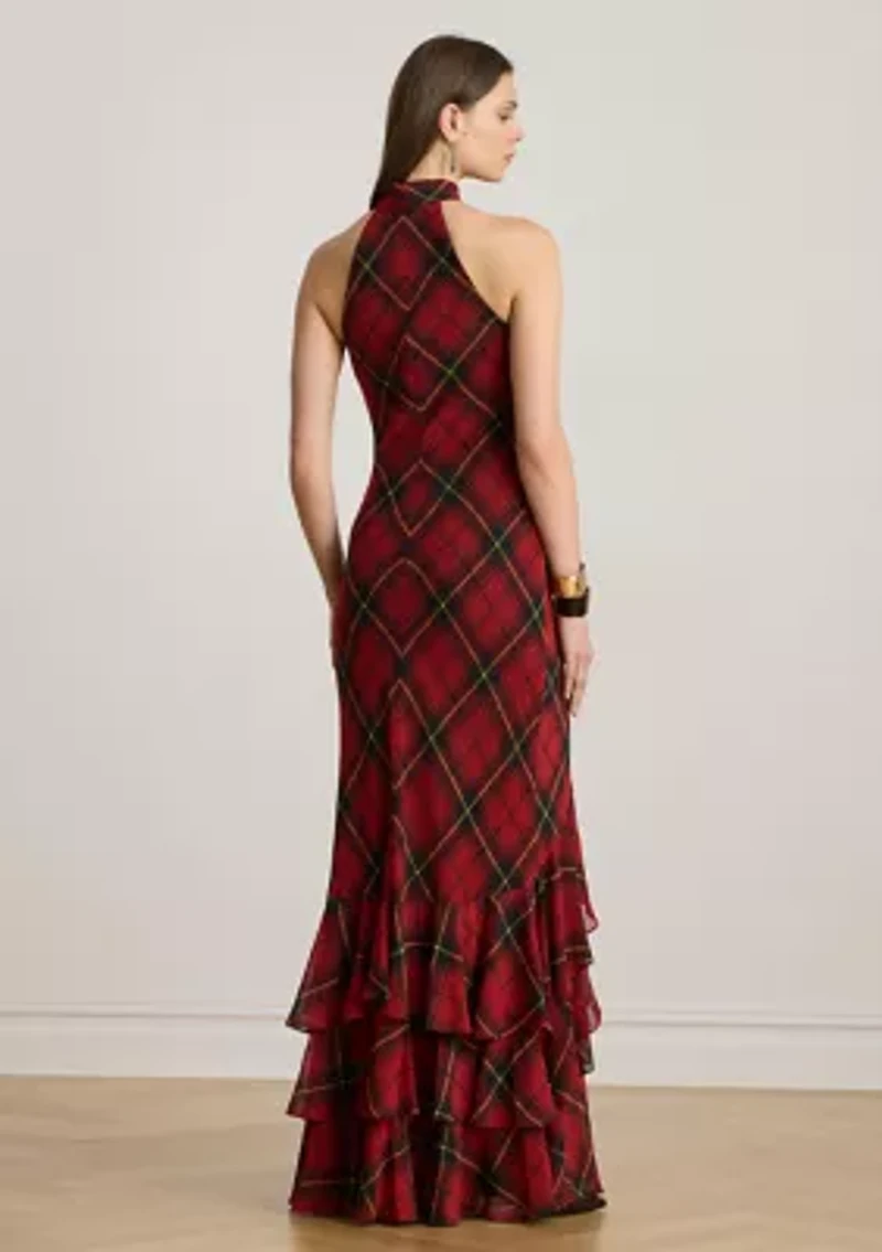 Women's Plaid Georgette Tiered Tie-Neck Gown