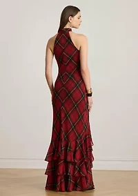 Women's Plaid Georgette Tiered Tie-Neck Gown