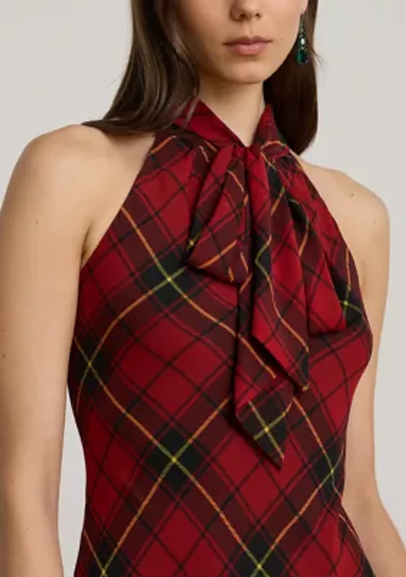 Women's Plaid Georgette Tiered Tie-Neck Gown