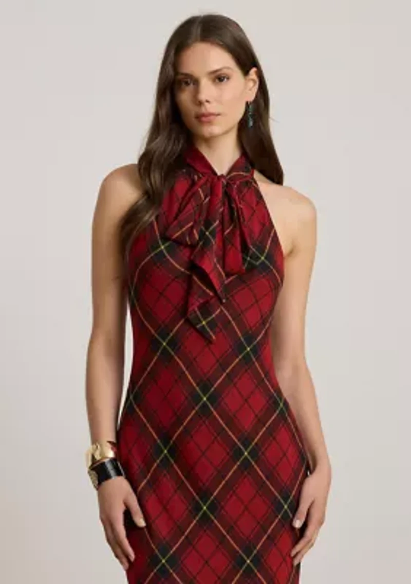 Women's Plaid Georgette Tiered Tie-Neck Gown