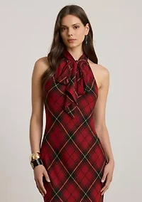 Women's Plaid Georgette Tiered Tie-Neck Gown