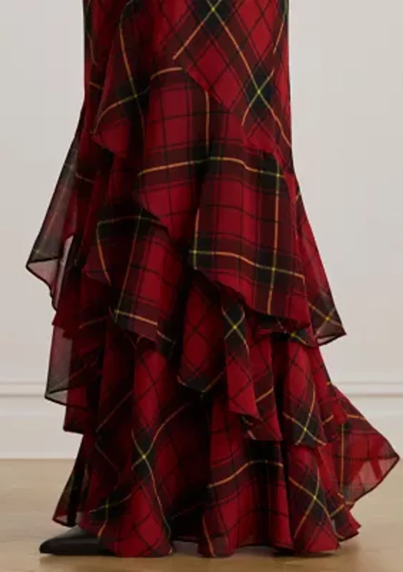 Women's Plaid Georgette Tiered Tie-Neck Gown