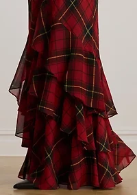Women's Plaid Georgette Tiered Tie-Neck Gown