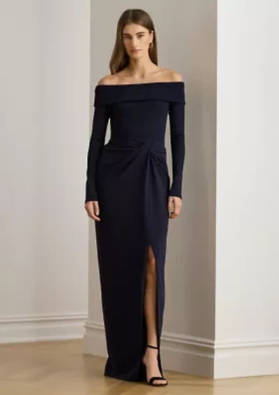 Rib-Knit & Crepe Off-the-Shoulder Gown