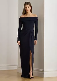 Rib-Knit & Crepe Off-the-Shoulder Gown