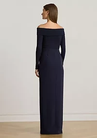 Rib-Knit & Crepe Off-the-Shoulder Gown