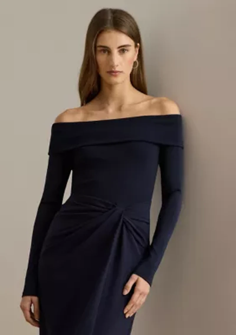 Rib-Knit & Crepe Off-the-Shoulder Gown