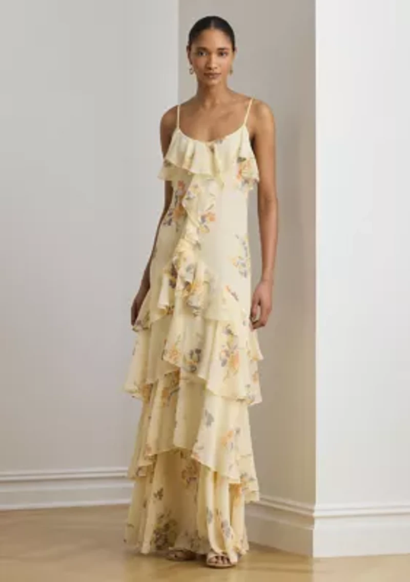 Floral Ruffle-Trim Georgette Gown