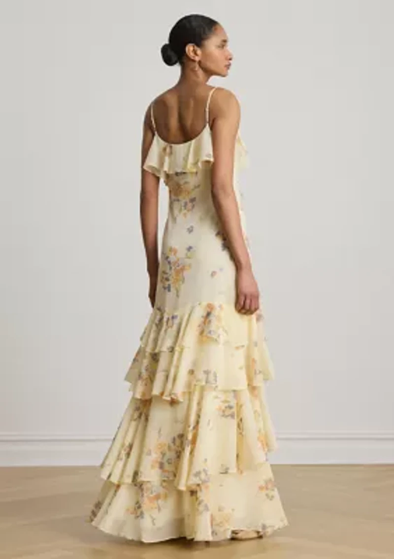 Floral Ruffle-Trim Georgette Gown