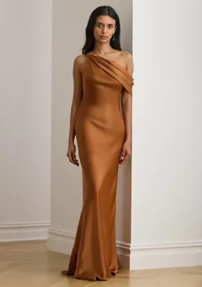Buckle-Trim Satin Off-the-Shoulder Gown