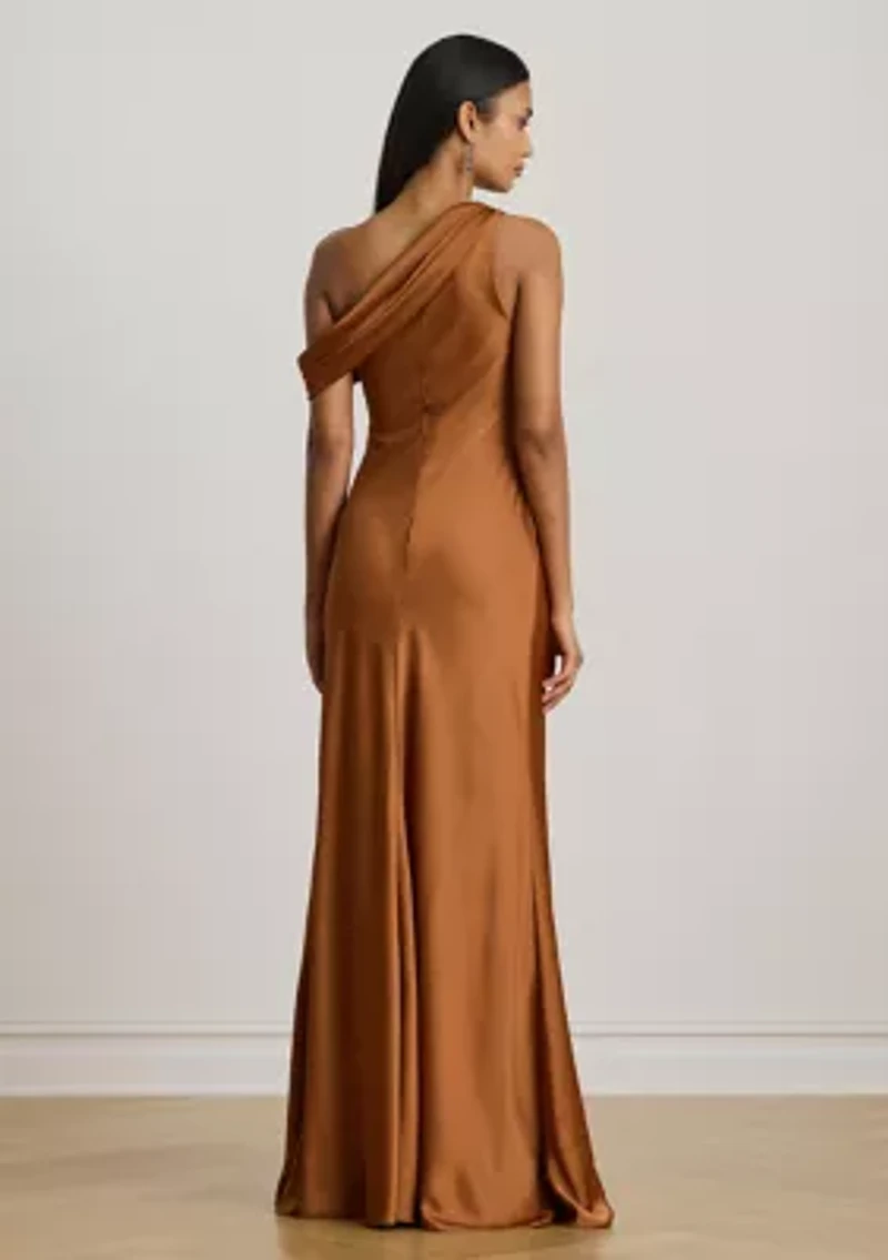 Buckle-Trim Satin Off-the-Shoulder Gown