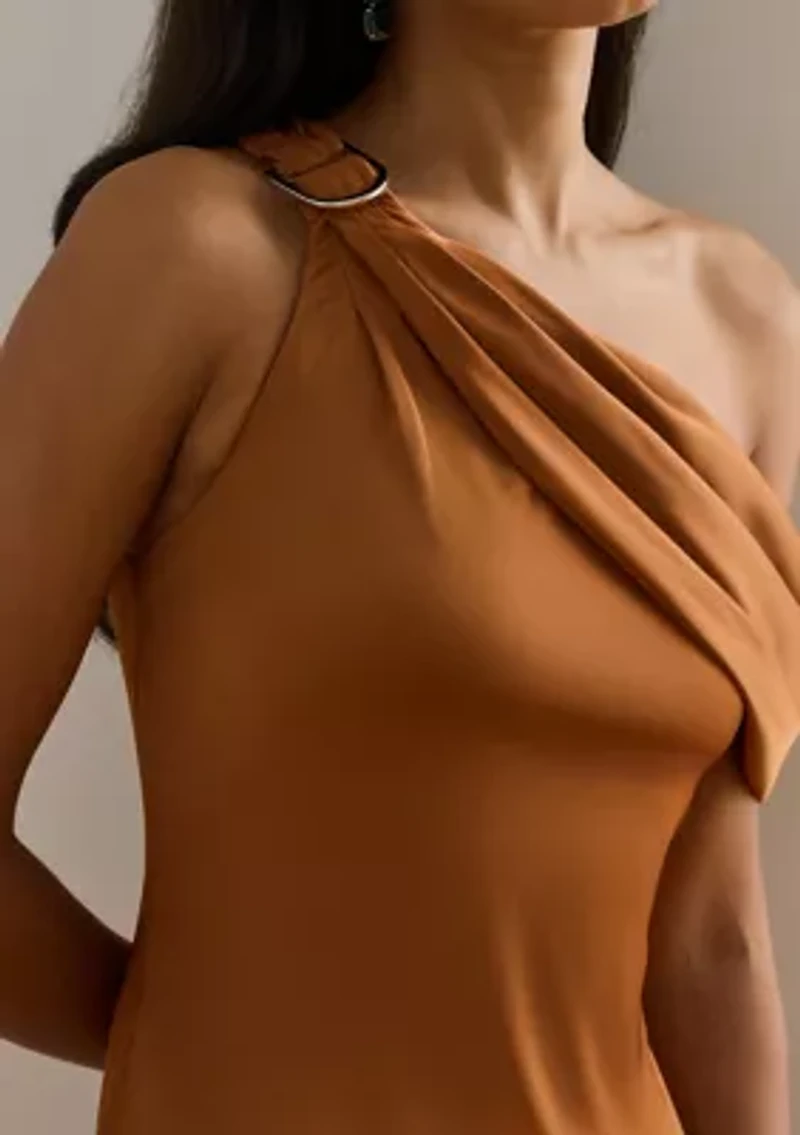Buckle-Trim Satin Off-the-Shoulder Gown