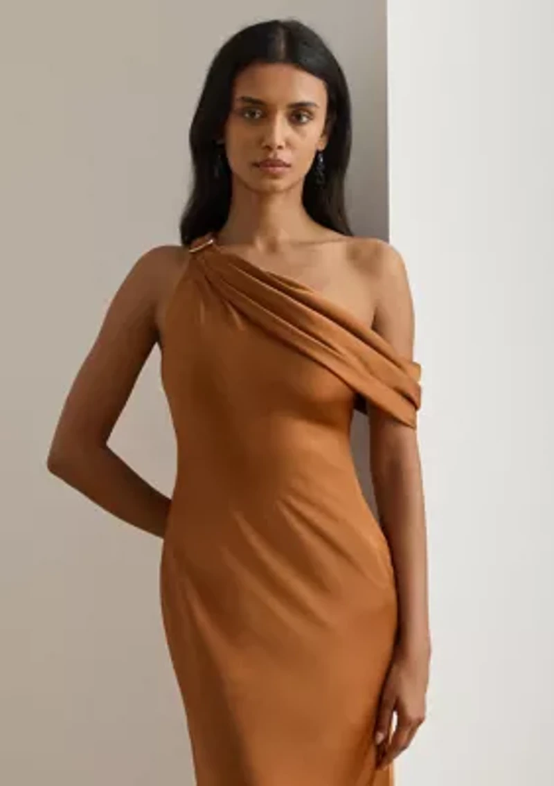 Buckle-Trim Satin Off-the-Shoulder Gown