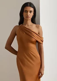 Buckle-Trim Satin Off-the-Shoulder Gown