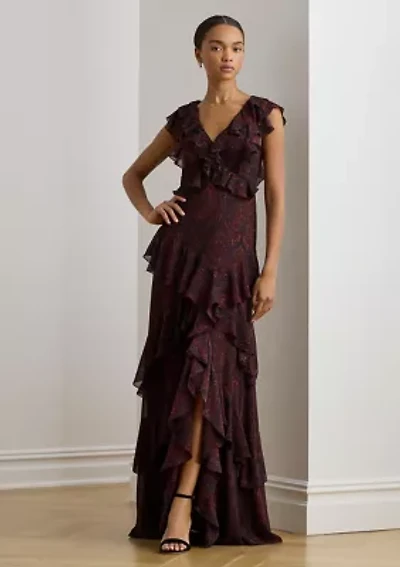 Women's Paisley Ruffle-Trim Georgette Gown