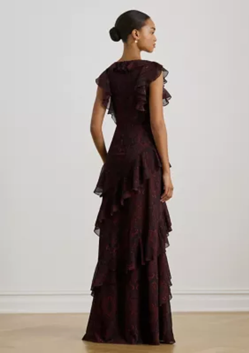 Women's Paisley Ruffle-Trim Georgette Gown