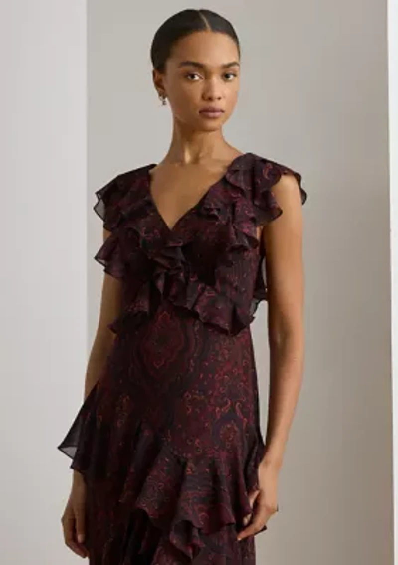 Women's Paisley Ruffle-Trim Georgette Gown
