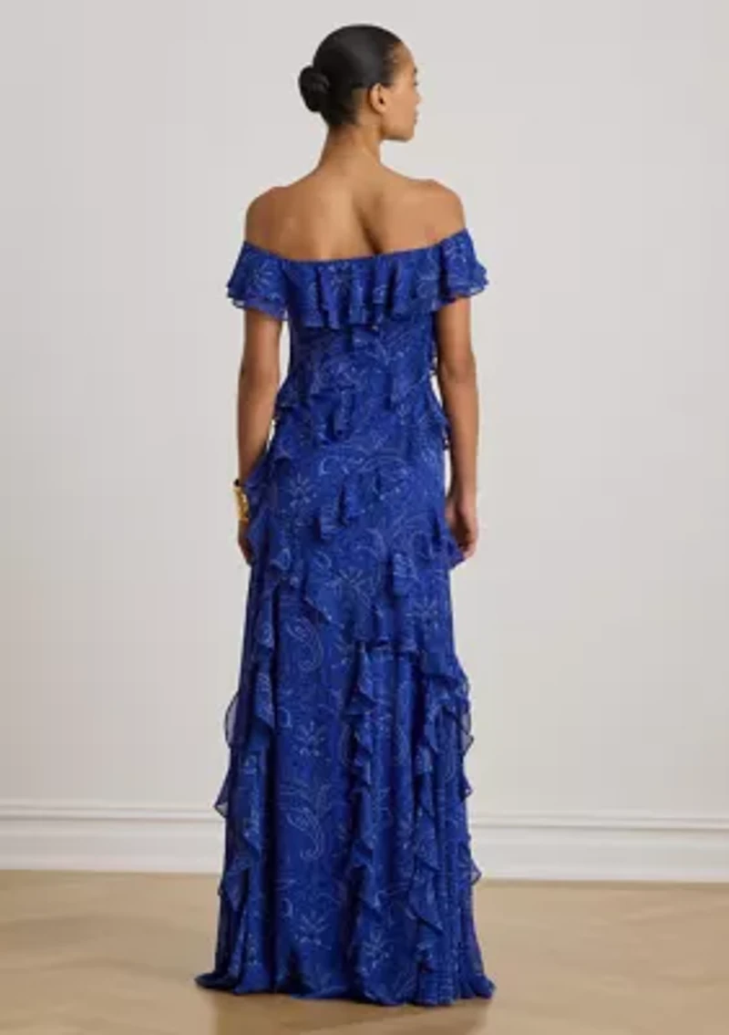Women's Printed Ruffle-Trim Off-the-Shoulder Gown