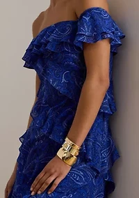 Women's Printed Ruffle-Trim Off-the-Shoulder Gown