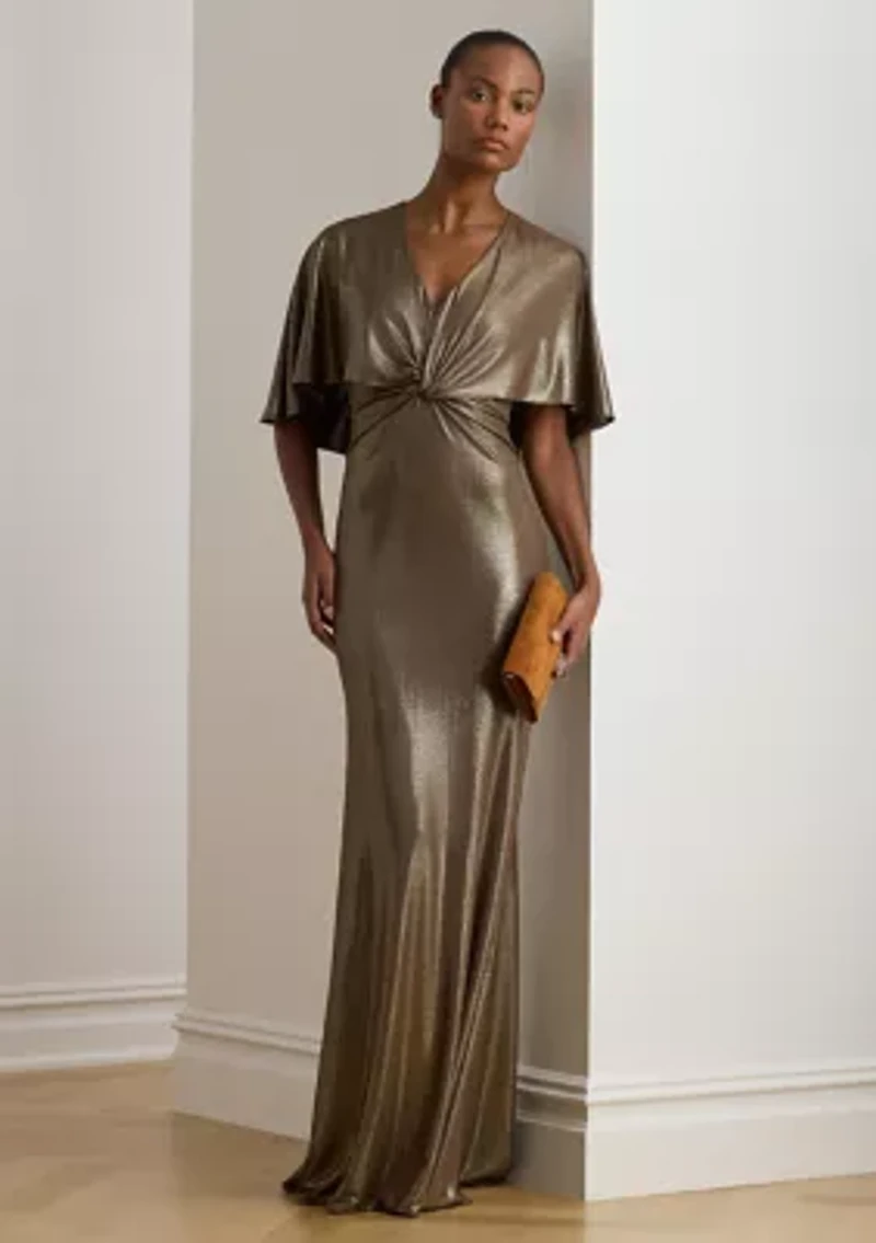Metallic Jersey Twist-Front Cape Gown