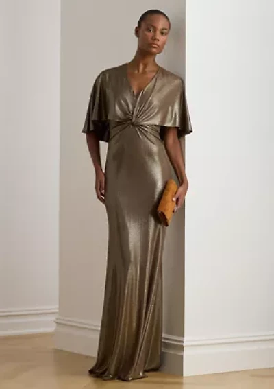 Metallic Jersey Twist-Front Cape Gown