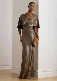 Metallic Jersey Twist-Front Cape Gown
