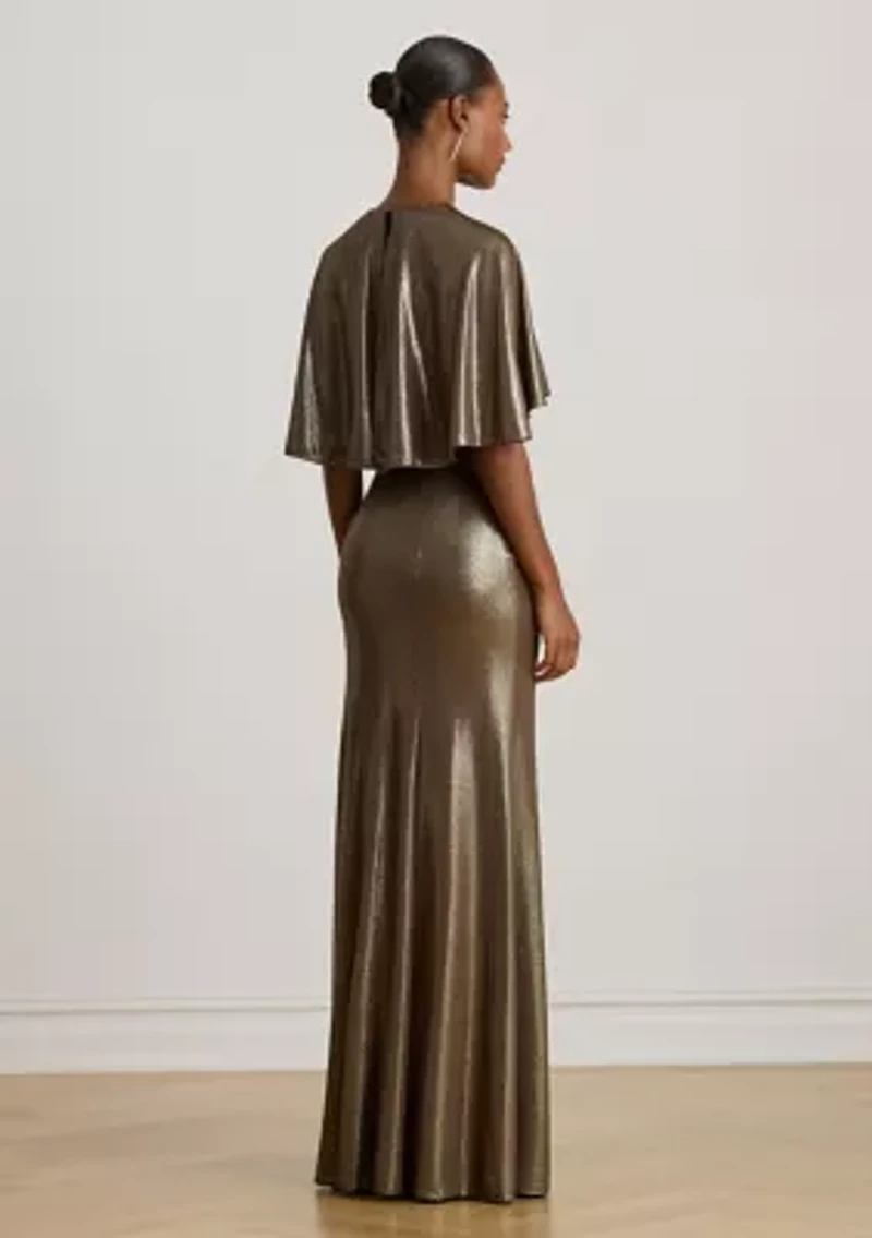 Metallic Jersey Twist-Front Cape Gown