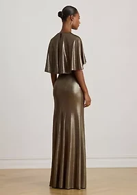 Metallic Jersey Twist-Front Cape Gown