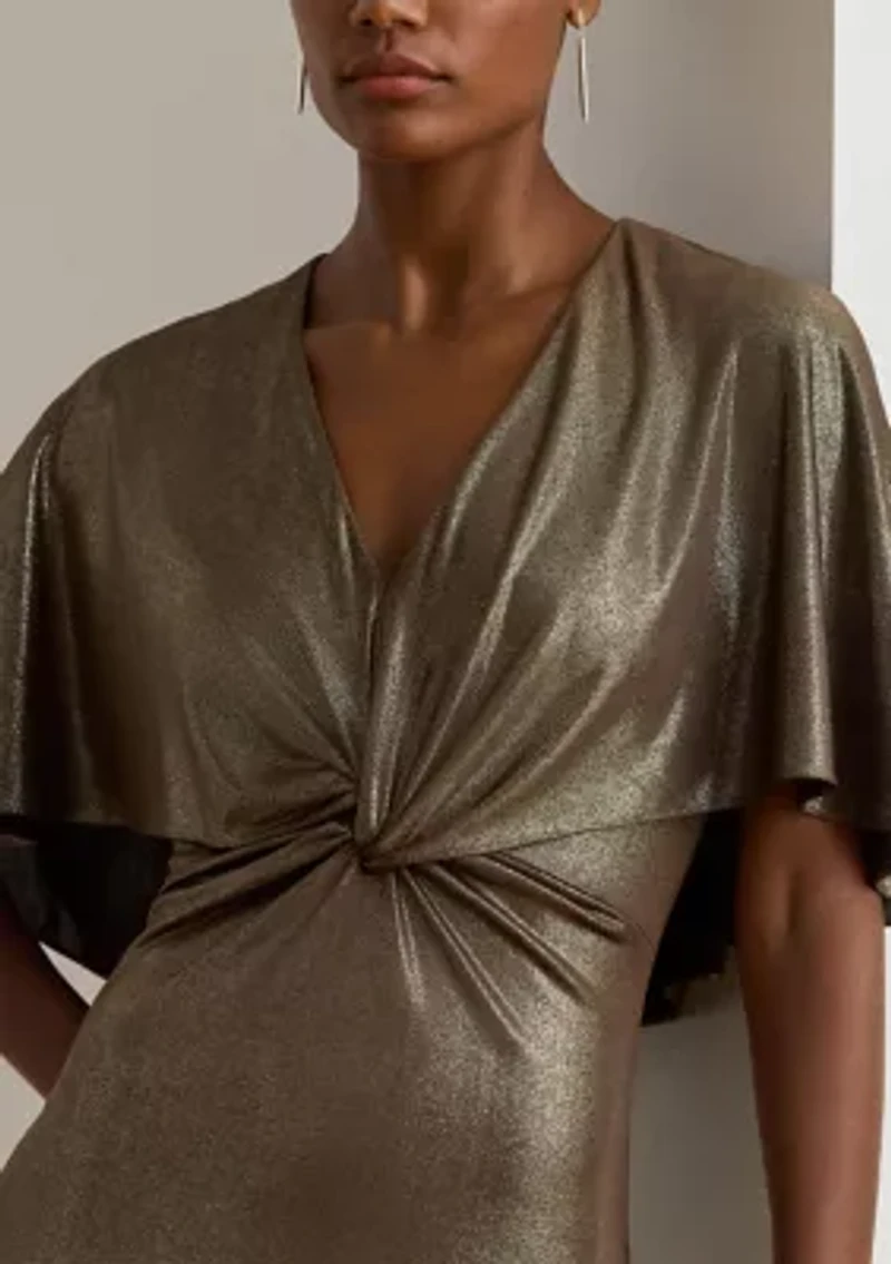 Metallic Jersey Twist-Front Cape Gown