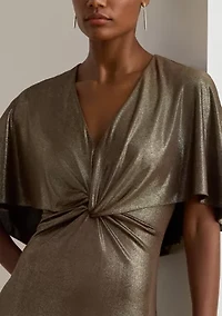 Metallic Jersey Twist-Front Cape Gown
