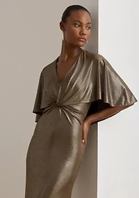 Metallic Jersey Twist-Front Cape Gown