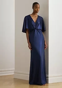 Metallic Jersey Twist-Front Cape Gown