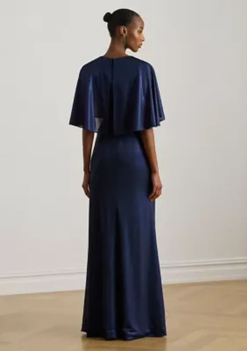 Metallic Jersey Twist-Front Cape Gown