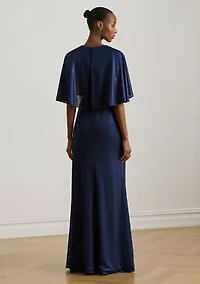 Metallic Jersey Twist-Front Cape Gown