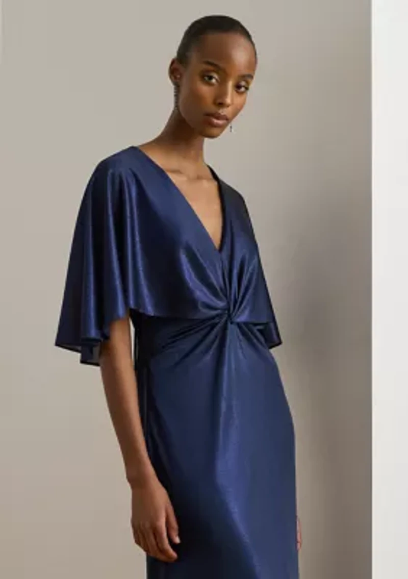Metallic Jersey Twist-Front Cape Gown
