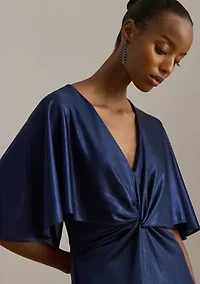 Metallic Jersey Twist-Front Cape Gown