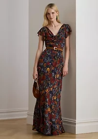 Floral Clipped Jacquard Cowlneck Gown