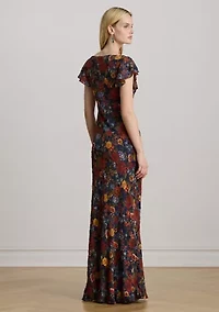 Floral Clipped Jacquard Cowlneck Gown